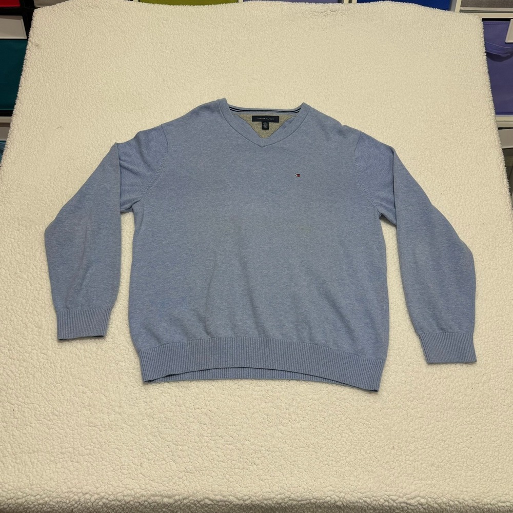 Tommy Hilfiger Mens V-Neck Cotton Sweater Light Blue XL 0890364